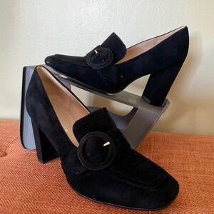 Marc Fisher Black Suede Heeled Loafers Square Toe Block Heel Buckle Pump Chunky